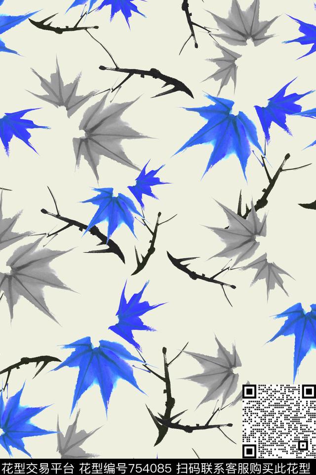 手绘花卉枫叶植物传统印花华亿平台下载（图片编号: 754085） - 瓦栏（Walan）