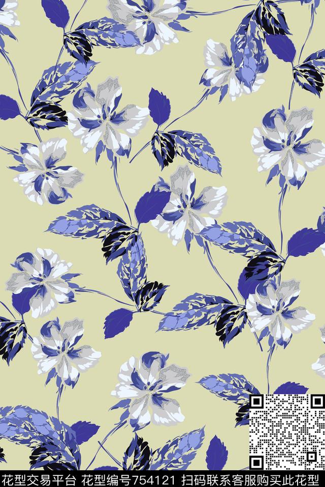 手绘花卉小清新淡雅花鸟传统印花华亿平台下载（图片编号: 754121） - 瓦栏（Walan）