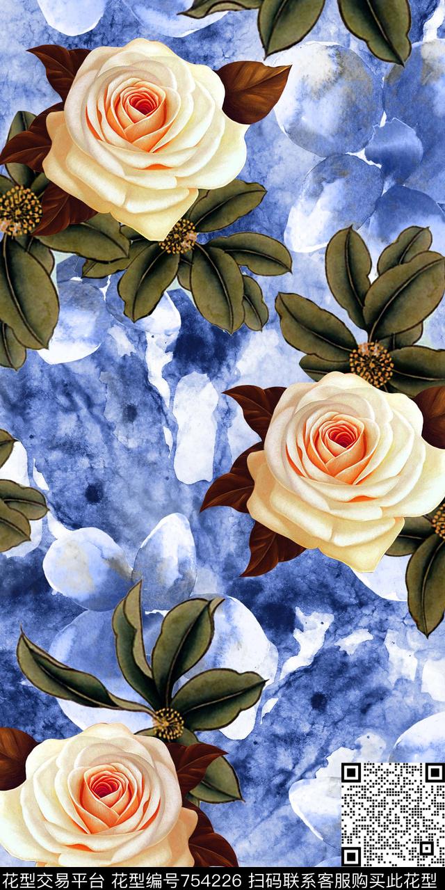 大花玫瑰花朵数码印花华亿平台下载（图片编号: 754226） - 瓦栏（Walan）