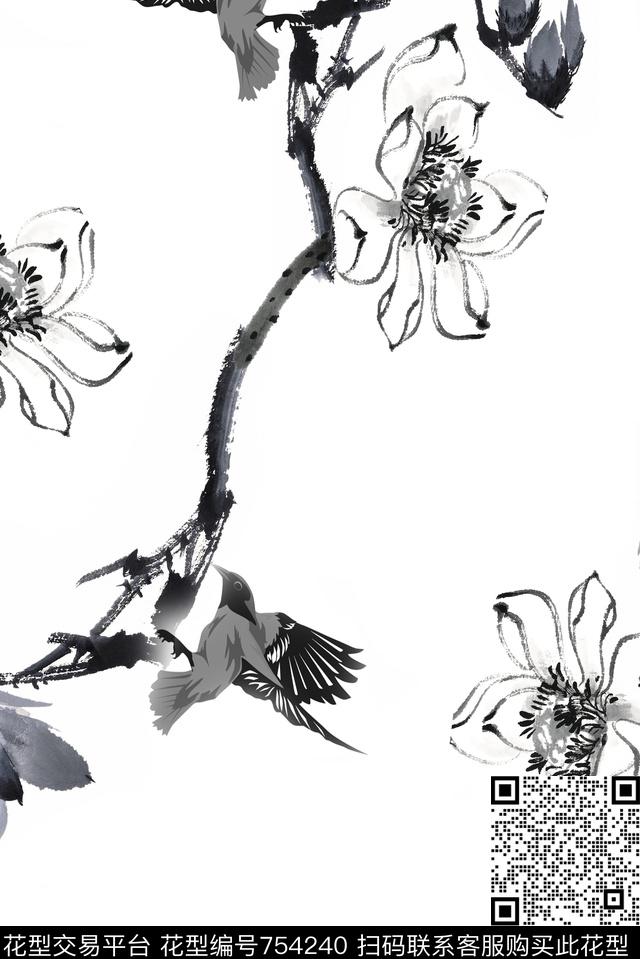 荷花鸟水墨数码印花华亿平台下载（图片编号: 754240） - 瓦栏（Walan）