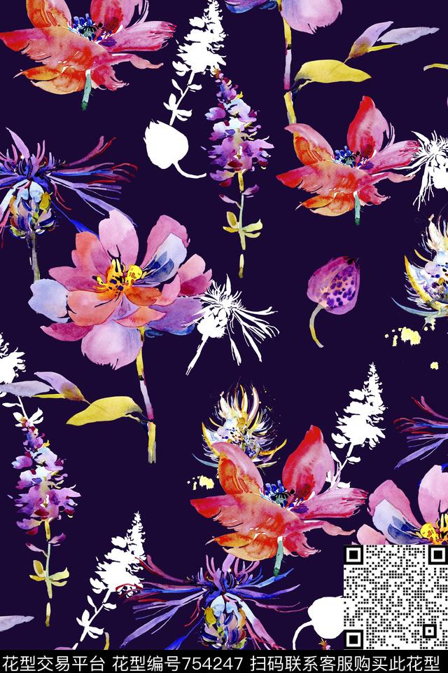 水彩手绘花鸟乱花花卉数码印花华亿平台下载（图片编号: 754247） - 瓦栏（Walan）