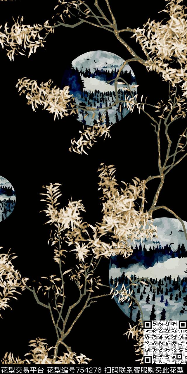 树木水墨画风景数码印花华亿平台下载（图片编号: 754276） - 瓦栏（Walan）