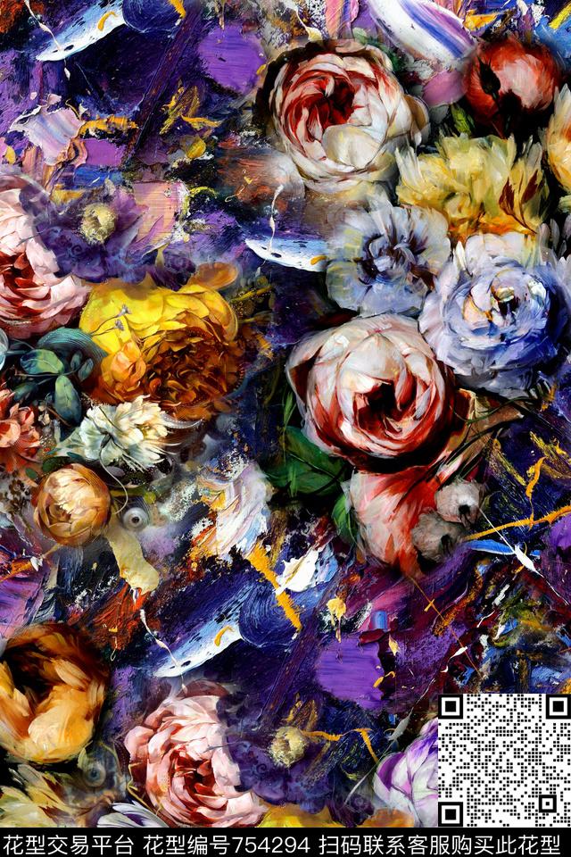 花朵花卉油画数码印花华亿平台下载（图片编号: 754294） - 瓦栏（Walan）