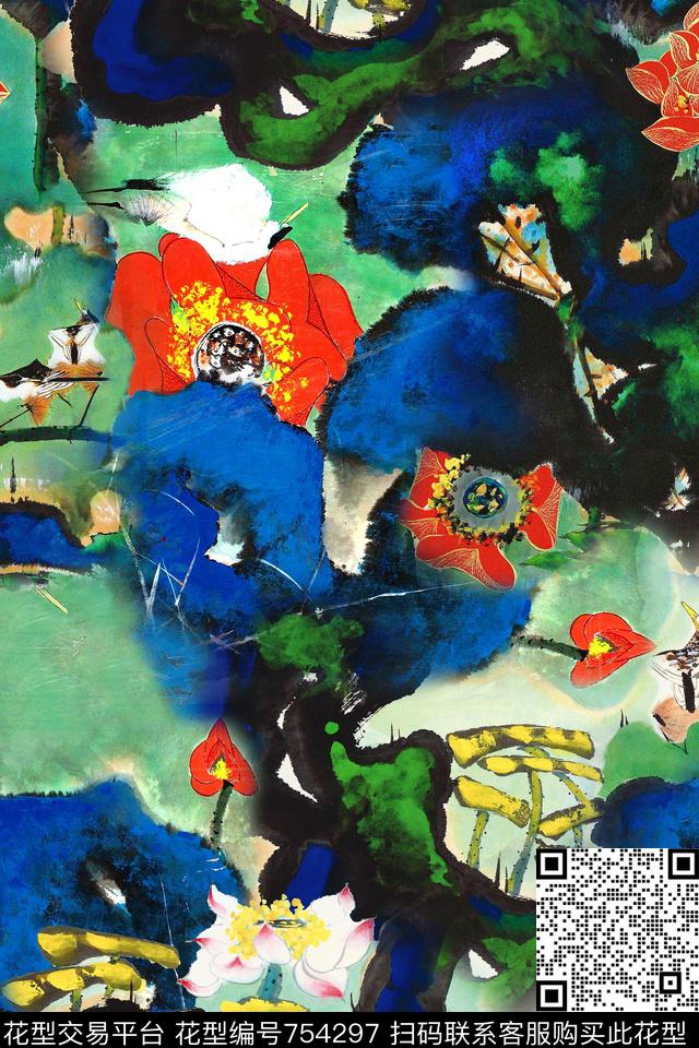花卉荷花抽象数码印花华亿平台下载（图片编号: 754297） - 瓦栏（Walan）