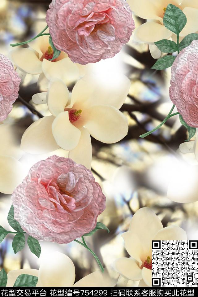 玫瑰花朵花卉数码印花华亿平台下载（图片编号: 754299） - 瓦栏（Walan）