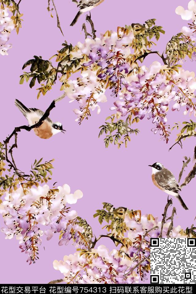 洋阳---花卉中国画花鸟紫藤花数码印花华亿平台下载（图片编号: 754313） - 瓦栏（Walan）