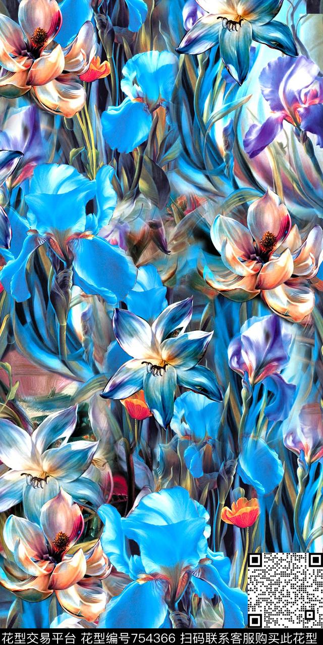 乱花花卉抽象花卉数码印花华亿平台下载（图片编号: 754366） - 瓦栏（Walan）