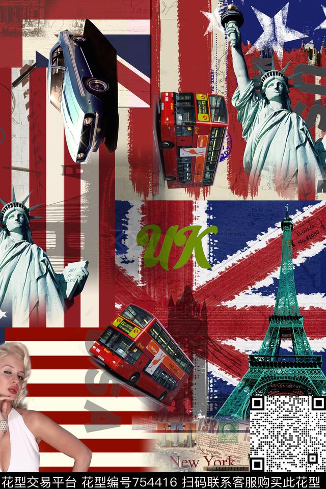 美国国旗背景墙自由女神埃菲尔铁塔数码印花华亿平台下载（图片编号: 754416） - 瓦栏（Walan）