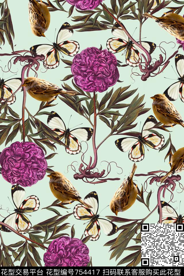 蝴蝶花卉鸟数码印花华亿平台下载（图片编号: 754417） - 瓦栏（Walan）