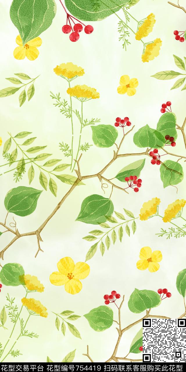 花卉手绘树枝数码印花华亿平台下载（图片编号: 754419） - 瓦栏（Walan）