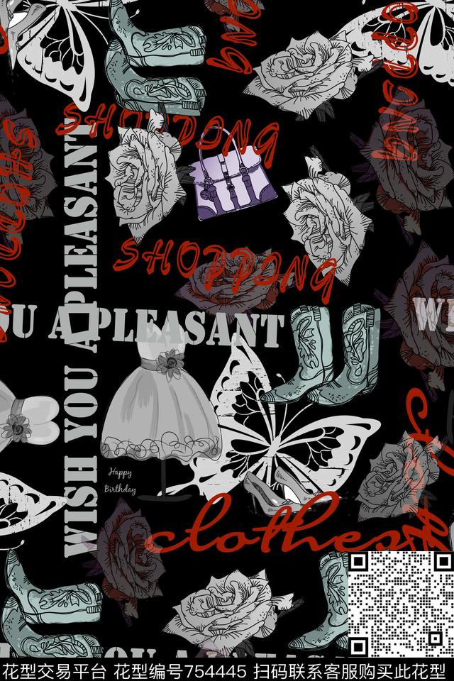 蝴蝶高跟鞋趣味数码印花华亿平台下载（图片编号: 754445） - 瓦栏（Walan）