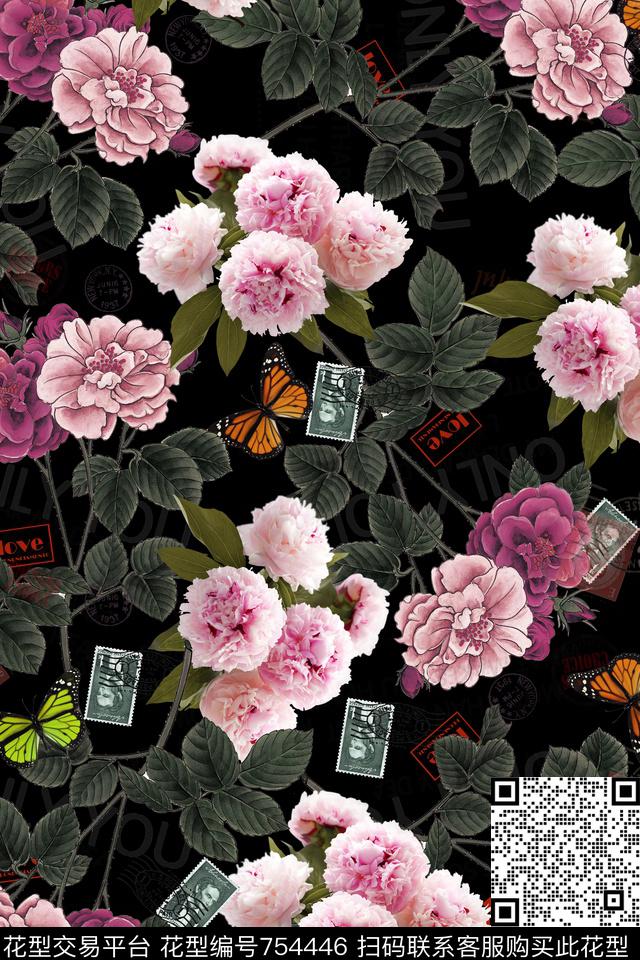 手绘花卉花卉蝴蝶数码印花华亿平台下载（图片编号: 754446） - 瓦栏（Walan）