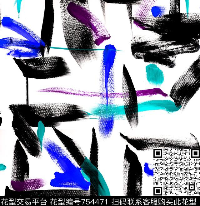 笔刷泼墨笔触数码印花华亿平台下载（图片编号: 754471） - 瓦栏（Walan）