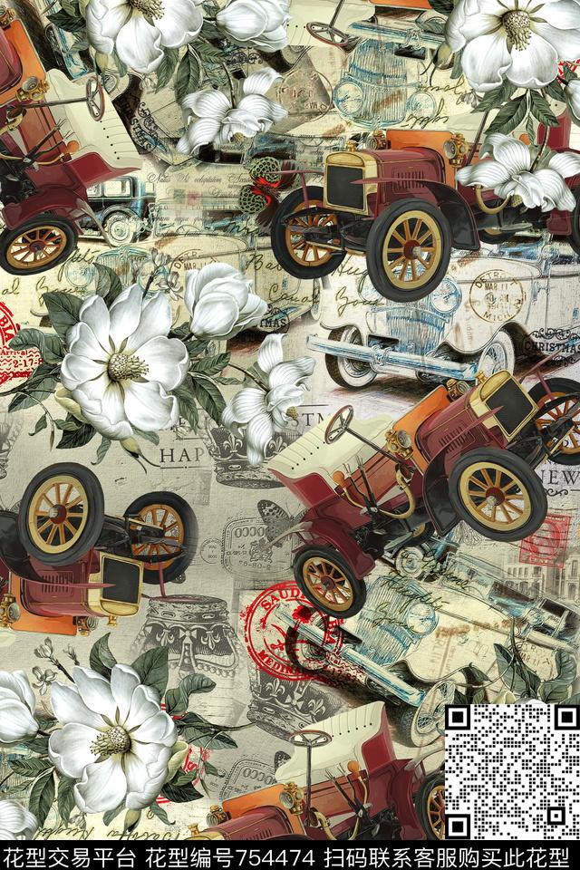 手绘花卉花卉汽车数码印花华亿平台下载（图片编号: 754474） - 瓦栏（Walan）