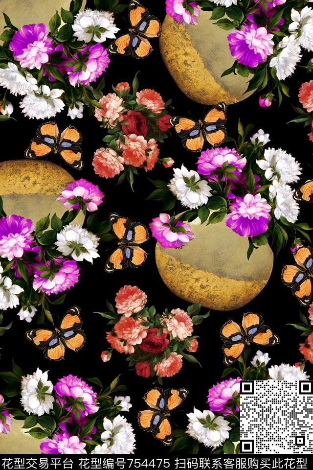 玫瑰花卉花卉蝴蝶数码印花华亿平台下载（图片编号: 754475） - 瓦栏（Walan）