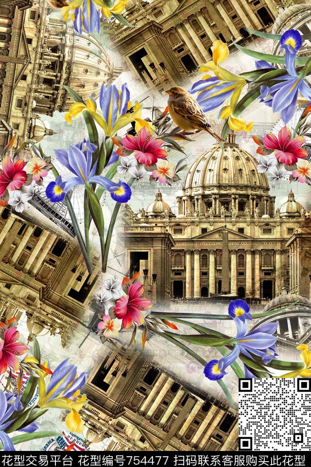 鸟花卉花鸟图数码印花华亿平台下载（图片编号: 754477） - 瓦栏（Walan）