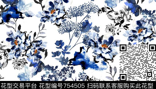 时尚水墨花中国风数码印花华亿平台下载（图片编号: 754505） - 瓦栏（Walan）