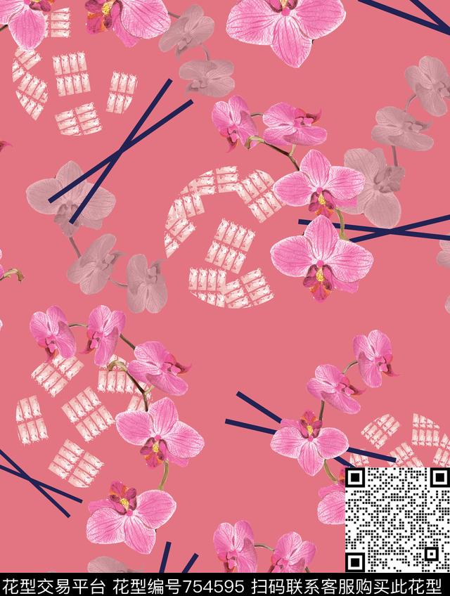 暗花几何兰花传统印花华亿平台下载（图片编号: 754595） - 瓦栏（Walan）