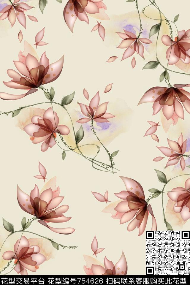 小清新淡雅乱花花卉复古数码印花华亿平台下载（图片编号: 754626） - 瓦栏（Walan）
