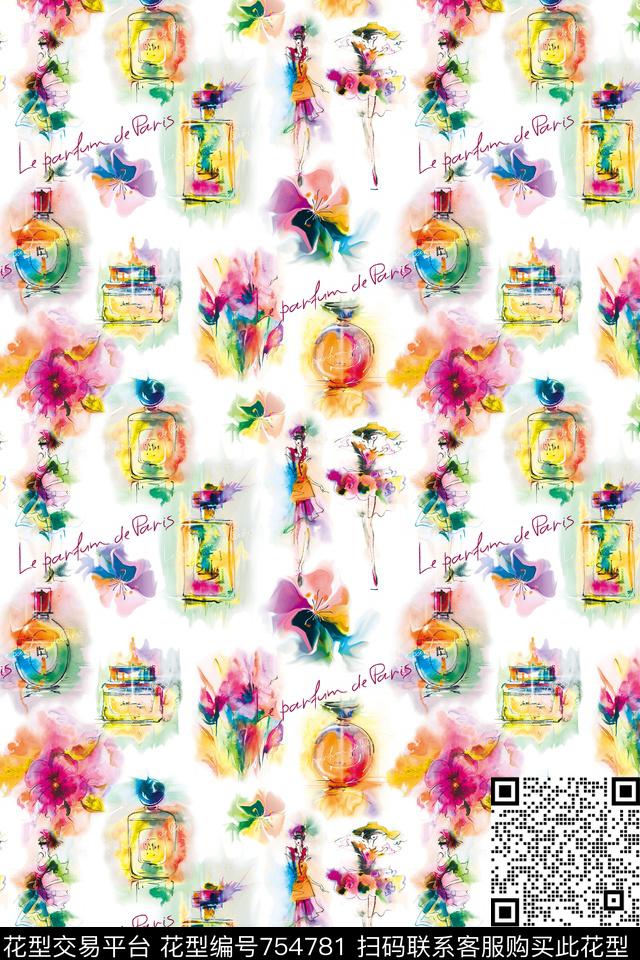 香水女孩花卉数码印花华亿平台下载（图片编号: 754781） - 瓦栏（Walan）