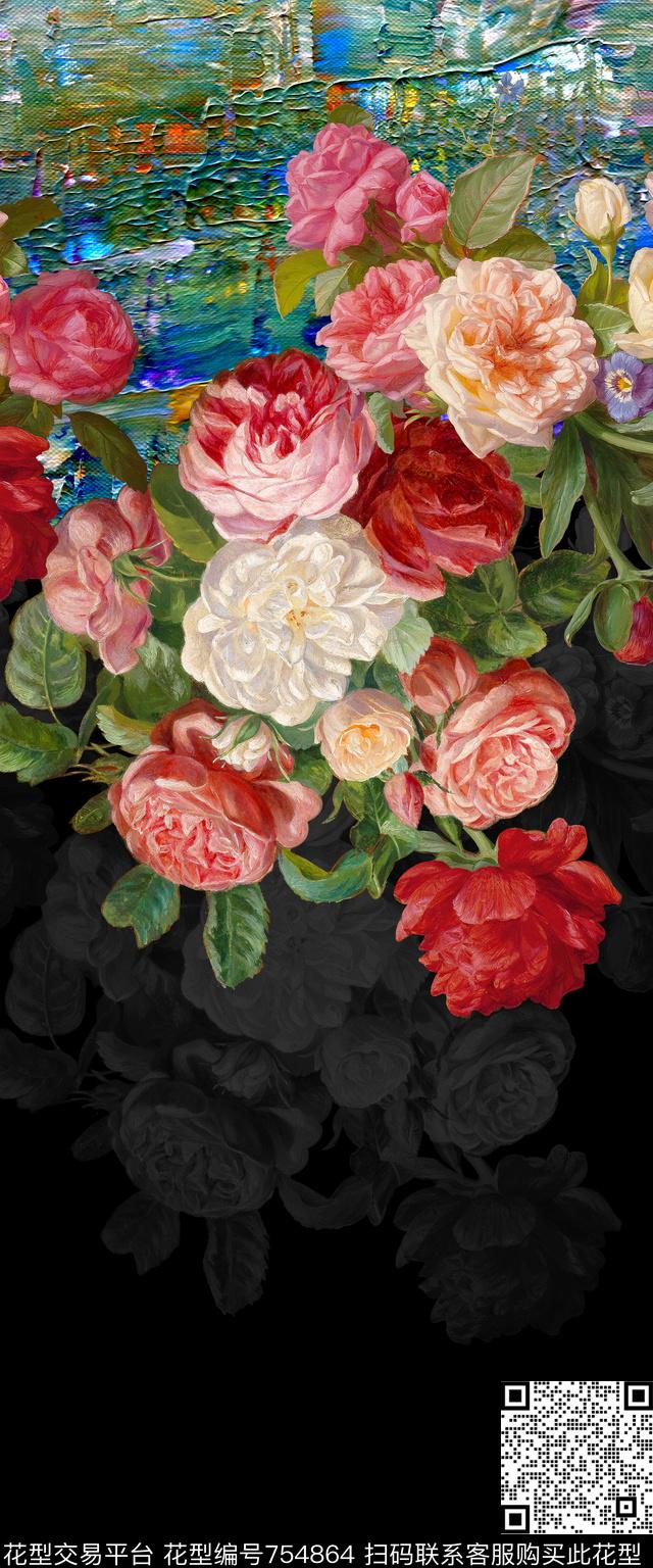 玫瑰花朵花卉数码印花华亿平台下载（图片编号: 754864） - 瓦栏（Walan）
