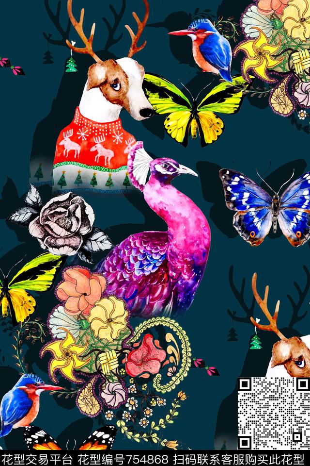 时尚手绘动物头数码印花华亿平台下载（图片编号: 754868） - 瓦栏（Walan）