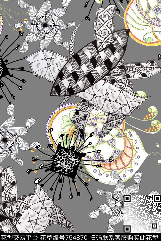 时尚手绘几何数码印花华亿平台下载（图片编号: 754870） - 瓦栏（Walan）