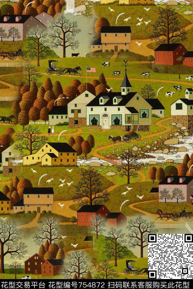 风景建筑田园风数码印花华亿平台下载（图片编号: 754872） - 瓦栏（Walan）