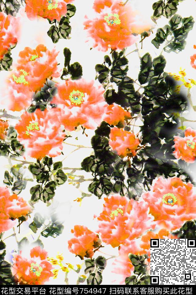 大花花朵花卉数码印花华亿平台下载（图片编号: 754947） - 瓦栏（Walan）