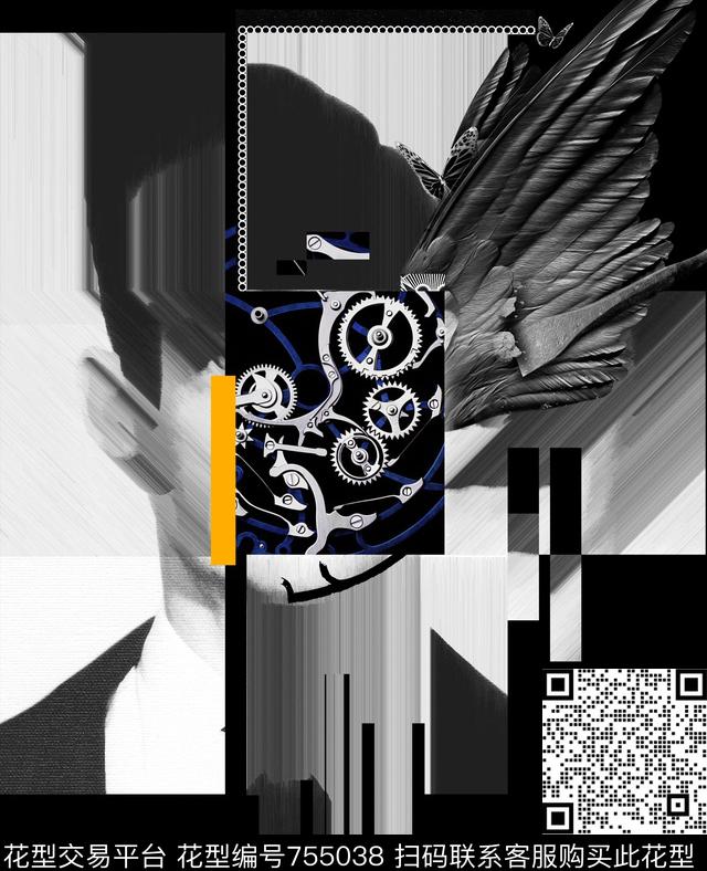 潮男定位图案黑白人像数码印花华亿平台下载（图片编号: 755038） - 瓦栏（Walan）