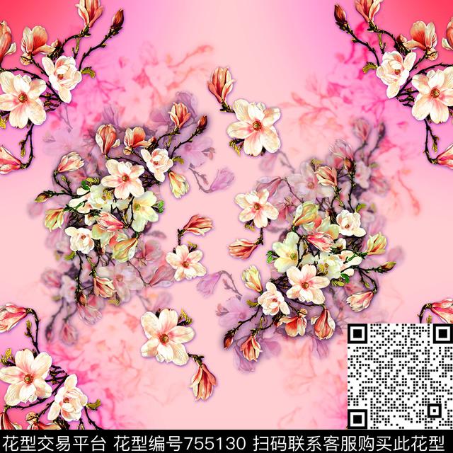 玉兰花花卉方巾数码印花华亿平台下载（图片编号: 755130） - 瓦栏（Walan）
