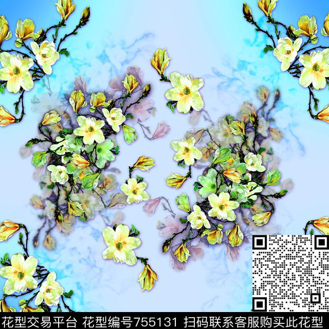 玉兰花花卉方巾数码印花华亿平台下载（图片编号: 755131） - 瓦栏（Walan）