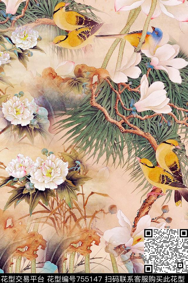 时尚中国风花卉数码印花华亿平台下载（图片编号: 755147） - 瓦栏（Walan）