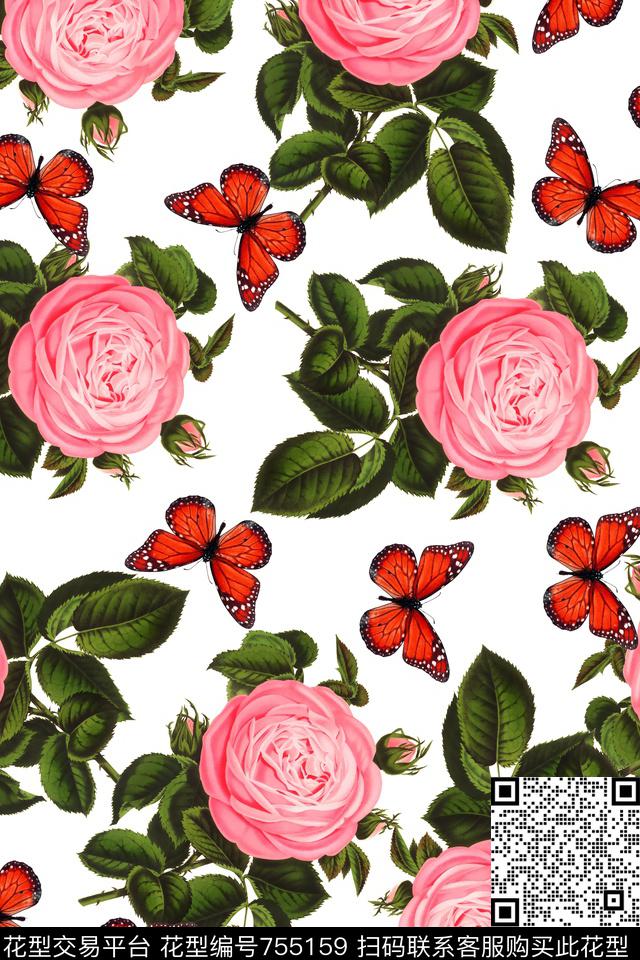 花卉玫瑰花卉蝴蝶数码印花华亿平台下载（图片编号: 755159） - 瓦栏（Walan）