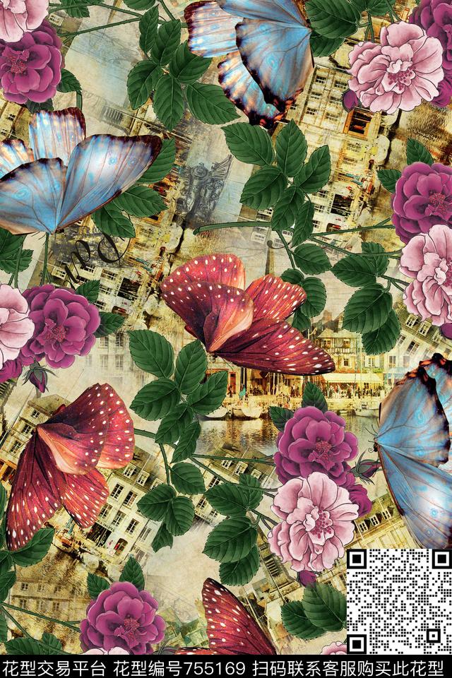 蝴蝶花卉花卉手绘花卉数码印花华亿平台下载（图片编号: 755169） - 瓦栏（Walan）