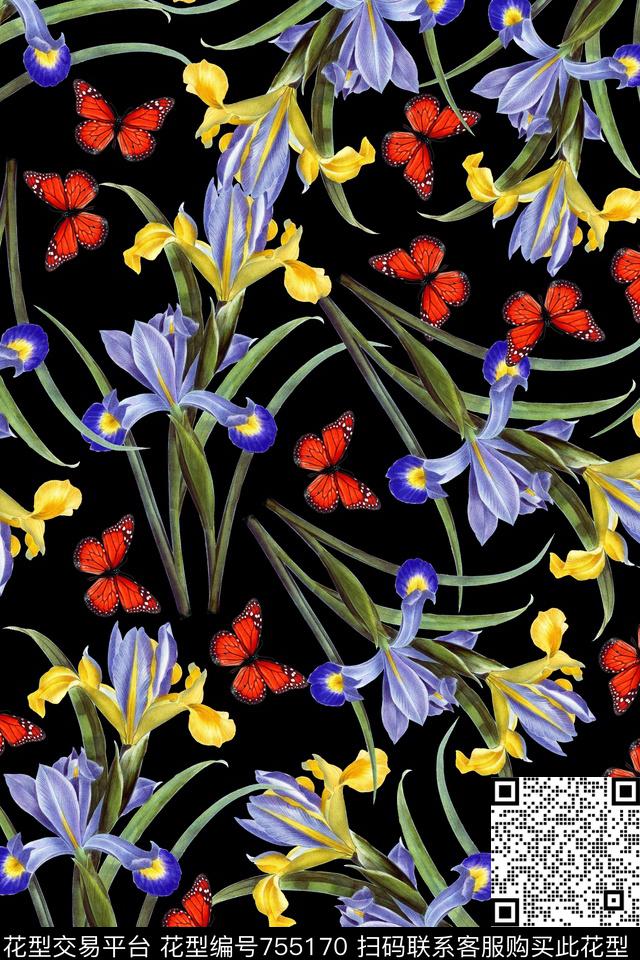 蝴蝶花卉华亿平台手绘花卉数码印花华亿平台下载（图片编号: 755170） - 瓦栏（Walan）