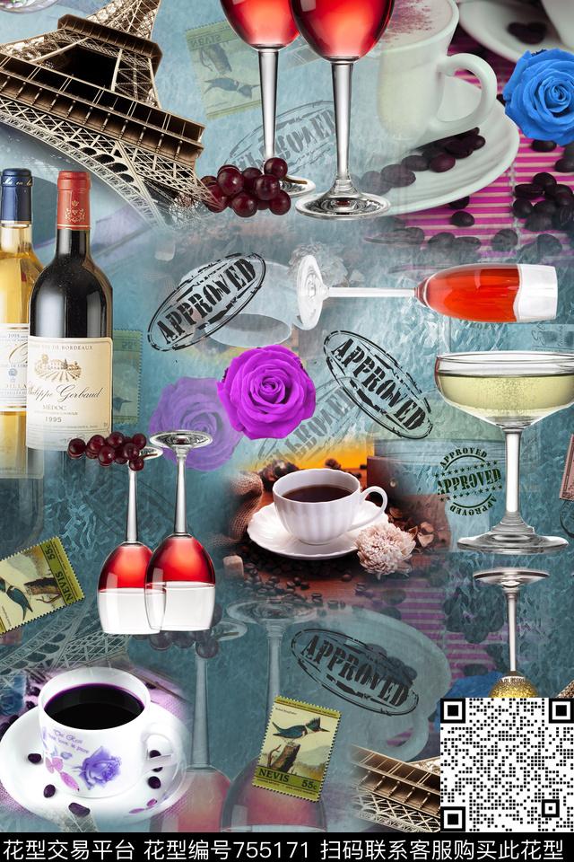 酒水玫瑰花卉酒杯数码印花华亿平台下载（图片编号: 755171） - 瓦栏（Walan）