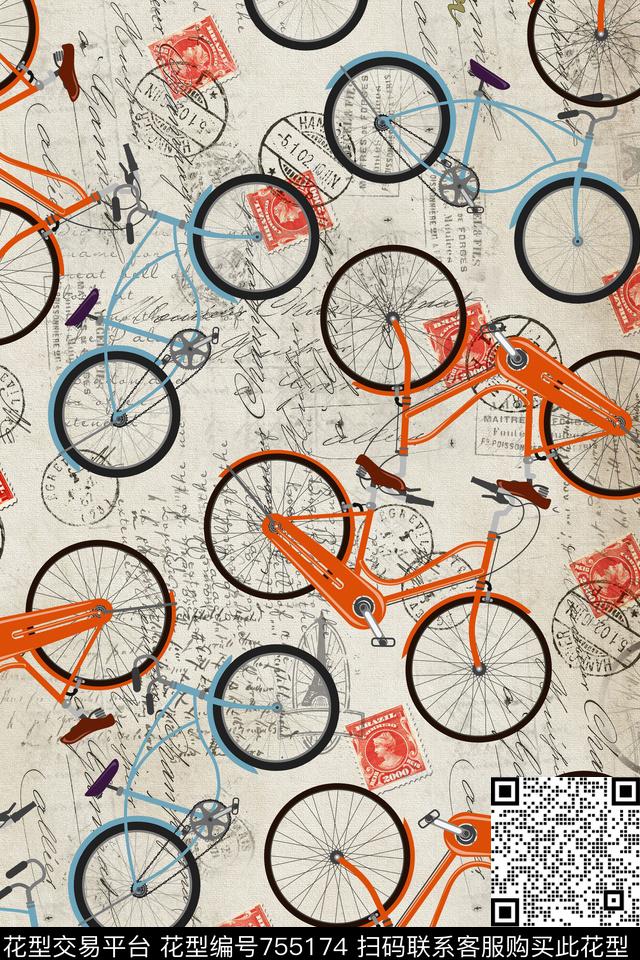 手绘圆圈自行车圆圈数码印花华亿平台下载（图片编号: 755174） - 瓦栏（Walan）