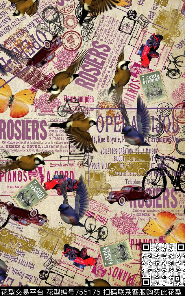 蝴蝶汽车鸟数码印花华亿平台下载（图片编号: 755175） - 瓦栏（Walan）