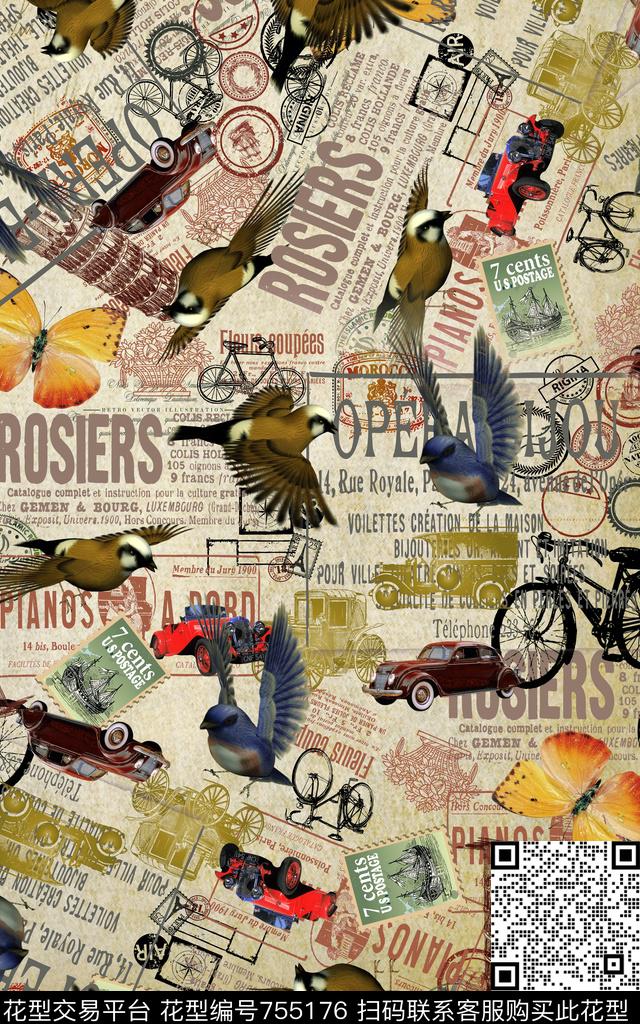 鸟自行车蝴蝶数码印花华亿平台下载（图片编号: 755176） - 瓦栏（Walan）