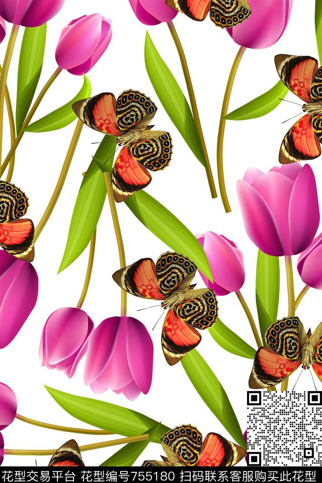 乱花手绘花卉蝴蝶数码印花华亿平台下载（图片编号: 755180） - 瓦栏（Walan）