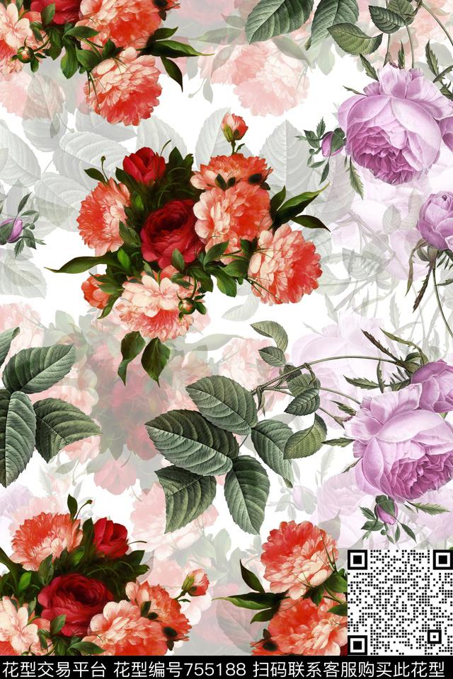 玫瑰花卉花卉手绘花卉数码印花华亿平台下载（图片编号: 755188） - 瓦栏（Walan）