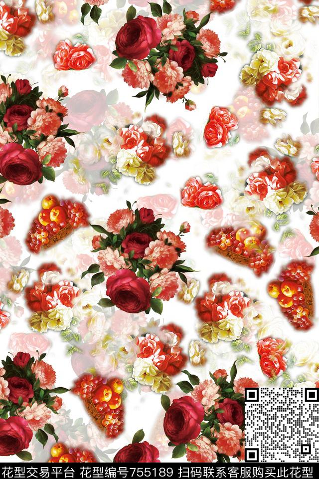 手绘花卉花卉玫瑰花卉数码印花华亿平台下载（图片编号: 755189） - 瓦栏（Walan）