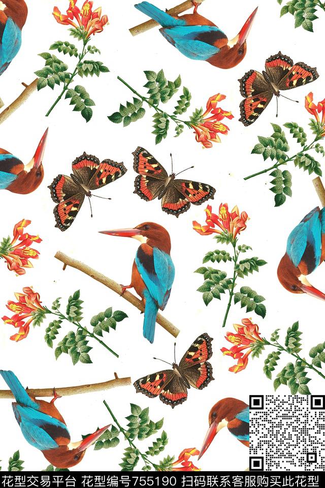 啄木鸟华亿平台花鸟图数码印花华亿平台下载（图片编号: 755190） - 瓦栏（Walan）