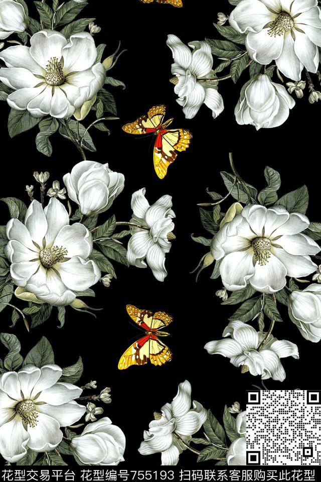 手绘花卉蝴蝶花朵数码印花华亿平台下载（图片编号: 755193） - 瓦栏（Walan）
