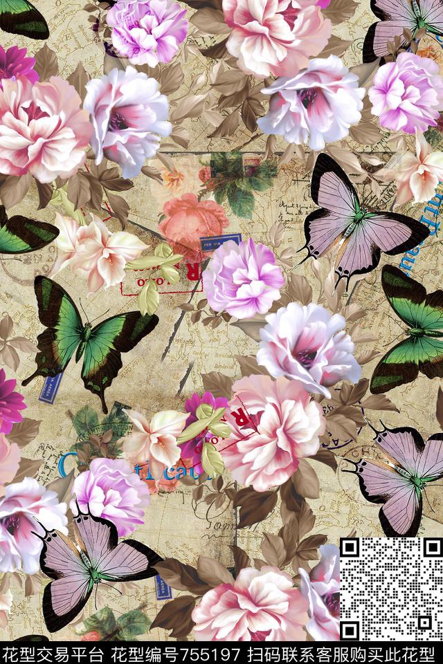手绘花卉蝴蝶花卉背景墙数码印花华亿平台下载（图片编号: 755197） - 瓦栏（Walan）