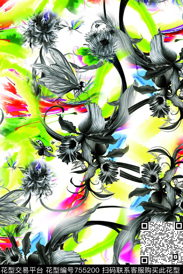 笔刷花卉数码印花华亿平台下载（图片编号: 755200） - 瓦栏（Walan）