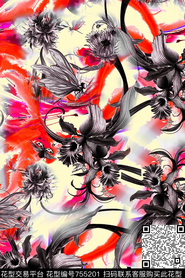 笔刷花卉数码印花华亿平台下载（图片编号: 755201） - 瓦栏（Walan）