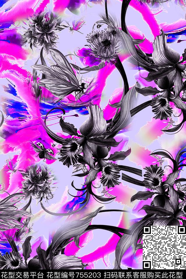 笔刷花卉数码印花华亿平台下载（图片编号: 755203） - 瓦栏（Walan）