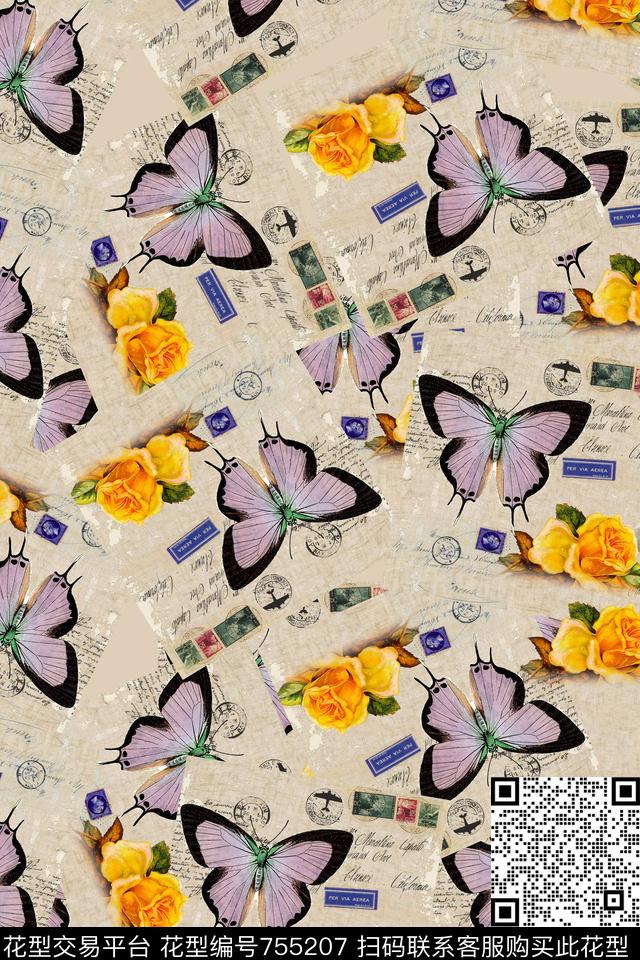 花卉蝴蝶花卉手绘花卉数码印花华亿平台下载（图片编号: 755207） - 瓦栏（Walan）